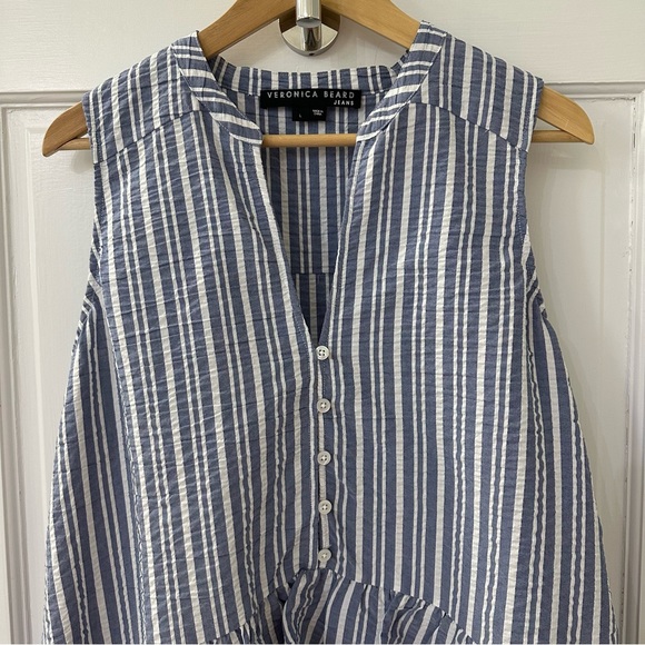 Veronica Beard Jeans Antonia Sleeveless Striped Ruffled Shirt, Size Large - Picture 8 of 14